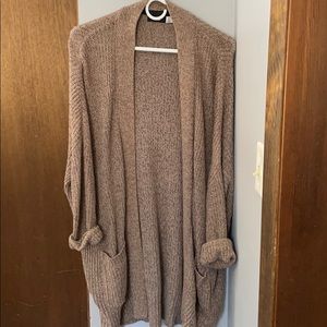 Long, oversized, dark tan cardigan